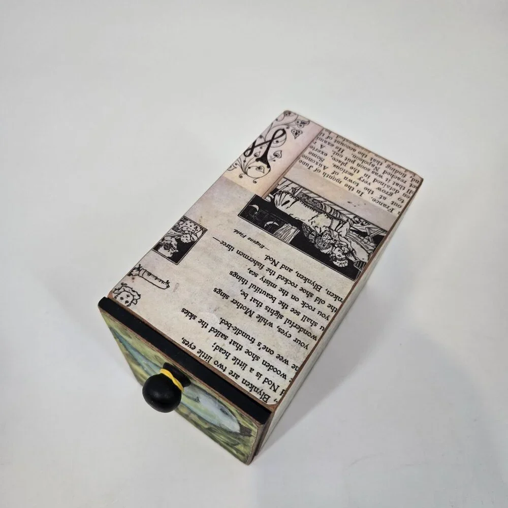 Lisa Kaus Whimsical Bird Print Mini Wooden Drawer Box Desk Storage Collage Words